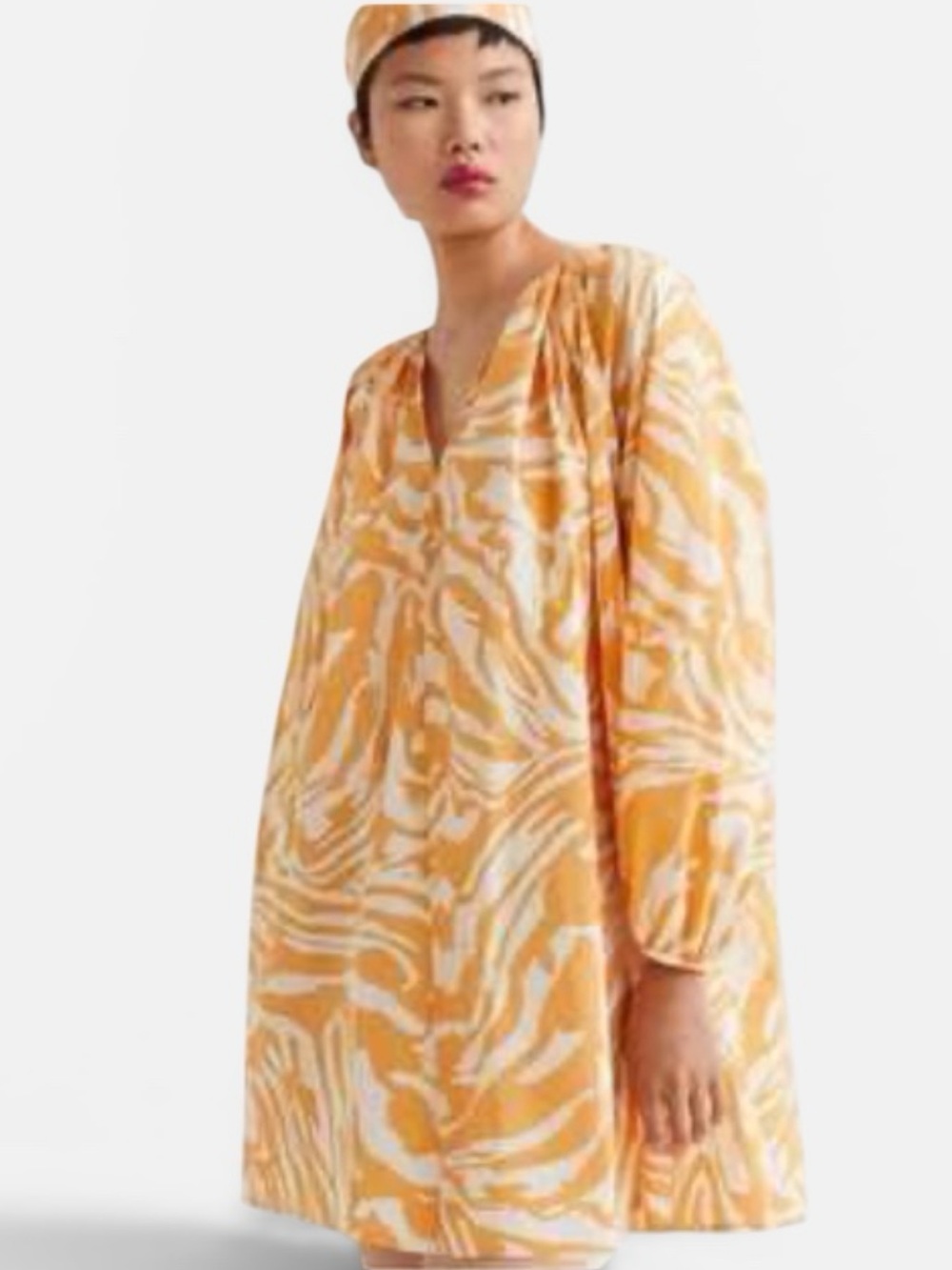H&M Orange/Yellow and White Marble Swirl Cotton Poplin Trapeze Mini Dress Size M